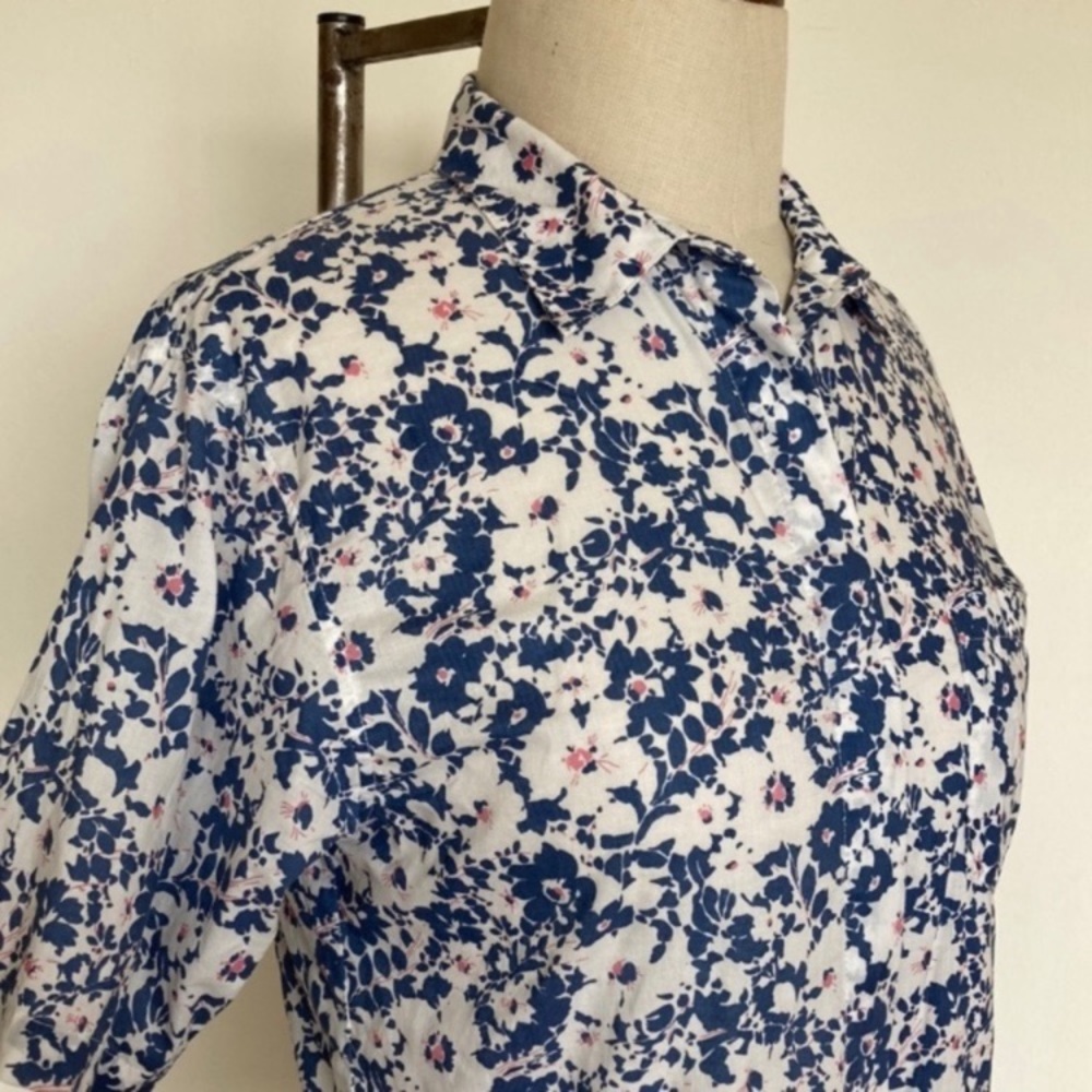 Baldwin cotton button down shirt, floral print, patch pocket, high low hem, XS